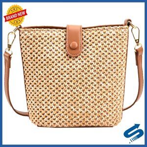 Straw Woven Crossbody Bucket Bag Trendy Shoulder Handbag Casual Tote Travel